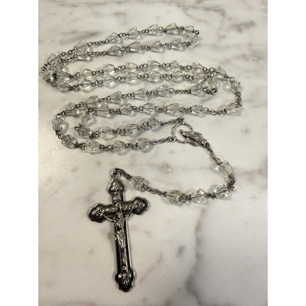 Vintage Catholic Clear Faceted Glass Bead Rosary Silver Tone Cross 23.5" long - Picture 3 of 5